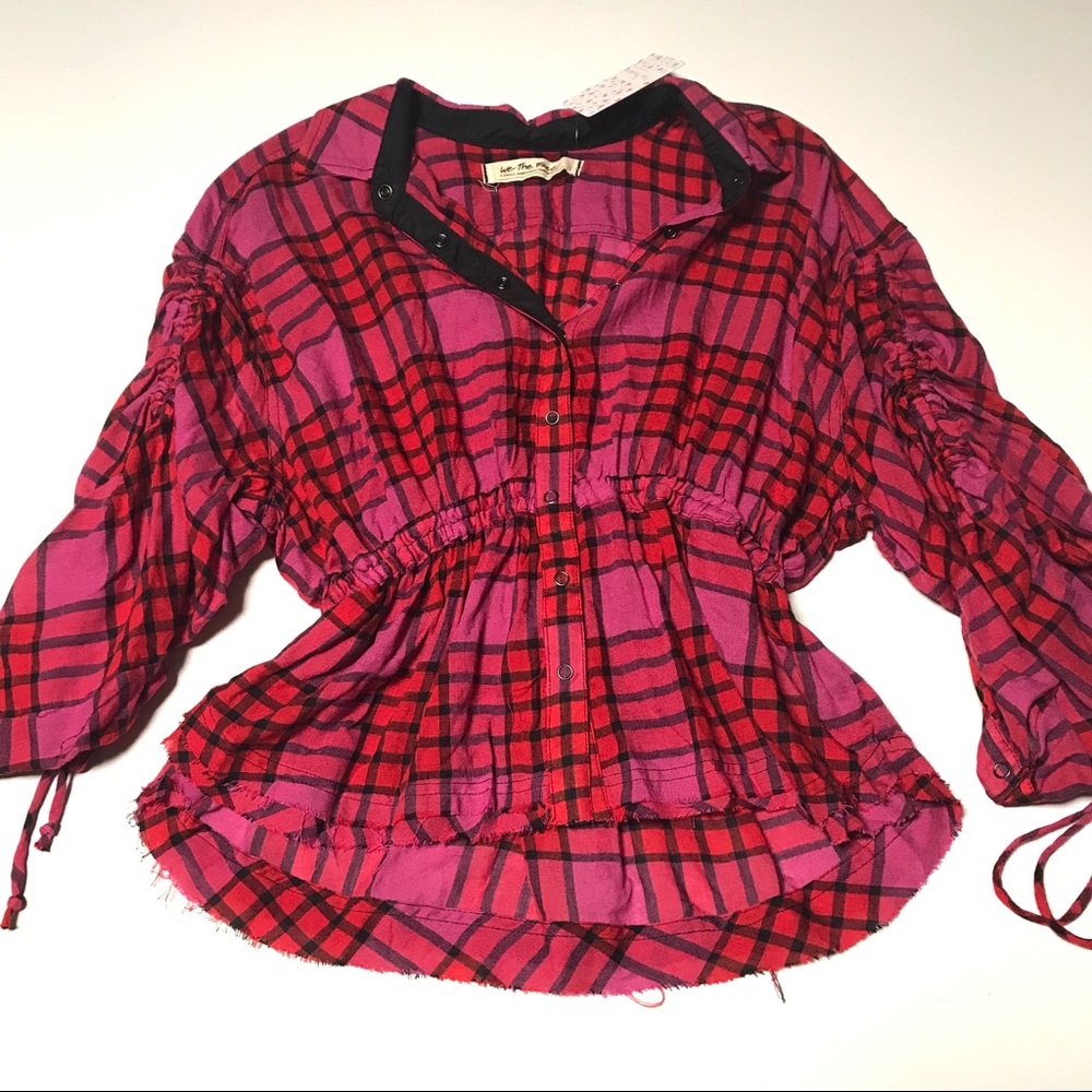 Free People Red/Pink Plaid Shirt